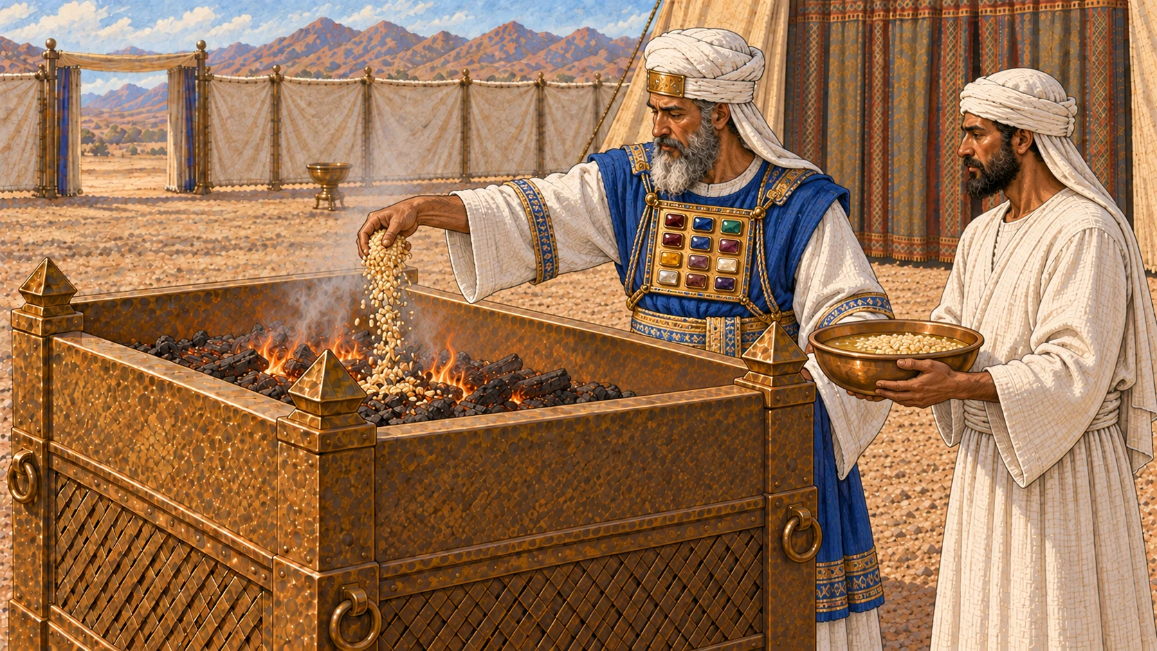 At the broad bronze altar, Aaron lifts exactly one full handful from a shallow bowl of grain mixed with oil and places it onto the low flame beside the already established morning offering. One adult priestly son holds the bowl. No animal body, extra bowls, bread, incense, blood, gore, or dramatic fire.