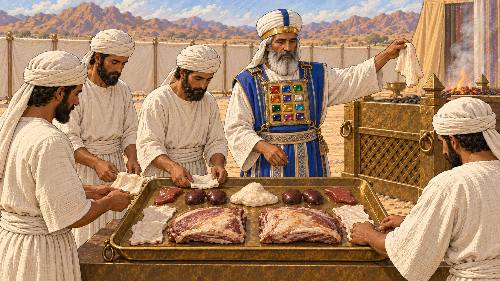 At the broad bronze altar, Aaron and his adult sons arrange the prepared peace-offering portions from the ox and ram: the fat tail, covering fat, exactly two pairs of kidneys, and two liver appendages set over two breasts before the pale fat portions go onto the low fire. Clean instructional arrangement; no whole animals, exposed entrails, blood, gore, extra kidneys, or feast setting.