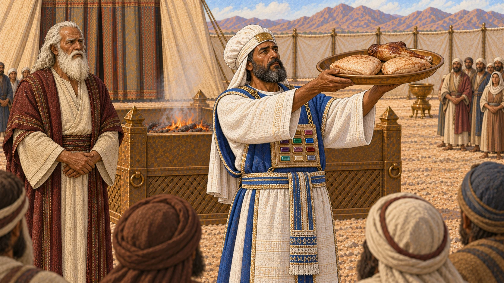 Aaron in complete high-priestly garments holds the two cooked breasts and exactly one right thigh on a bronze tray, lifting and moving them in a dignified wave offering before the sanctuary. Moses watches nearby and the altar fire remains low behind them. No additional thighs, whole animal, fat portions, blood, gore, magical glow, or visible divine figure.