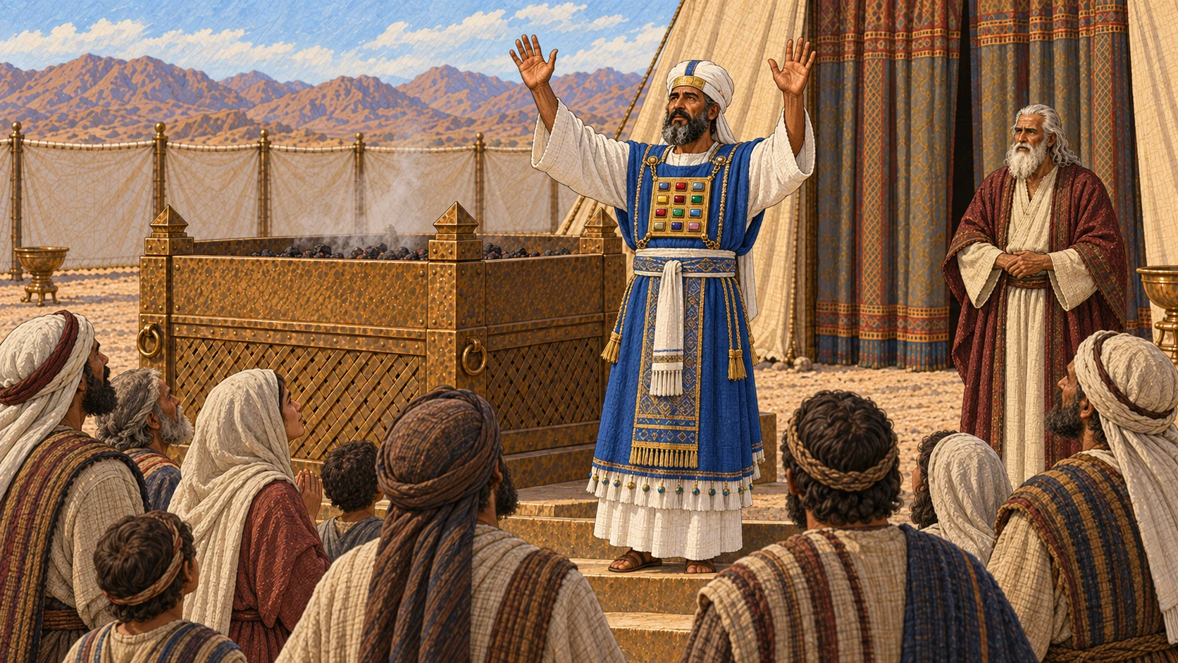 From the altar steps, Aaron raises both open hands toward the gathered congregation in blessing after completing the offerings. His complete high-priestly garments are clear; families look up with hope and reverence. Moses stands near the tent entrance. No food portions, animals, blood, fire miracle, written words, or visible divine figure yet.