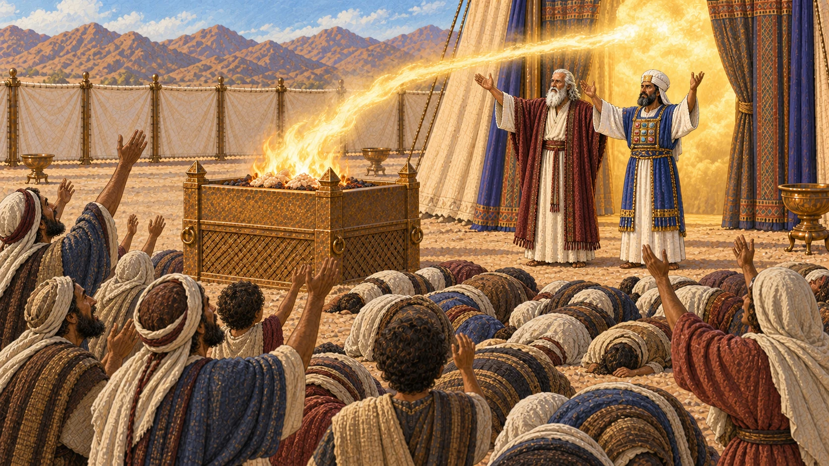 Moses and Aaron emerge together from the tent of meeting and bless the vast congregation as a radiant but non-figural golden cloud fills the sanctuary entrance. A concentrated supernatural flame streams from the sanctuary toward the broad bronze altar and consumes only the prepared offering and fat portions. The people shout with joy and bow face-down in ordered rows. No humanoid deity, faces in cloud, casualties, panic, wildfire, gore, or text.