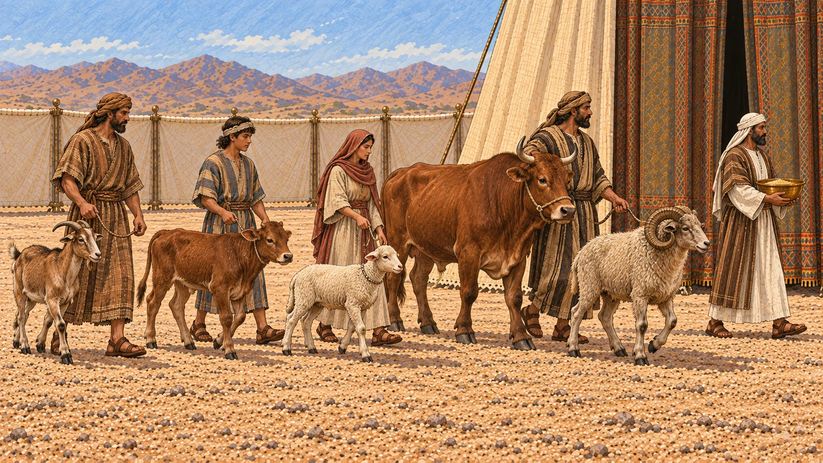 Representative Israelite families lead the complete group of living offerings toward the sanctuary: exactly one male goat, one year-old male calf, one year-old male lamb, one mature ox, and one horned ram, plus one bowl of grain mixed with oil. Keep all five animals and one grain bowl individually legible. No duplicate animals, blood, slaughter, fire, or visible divine figure.