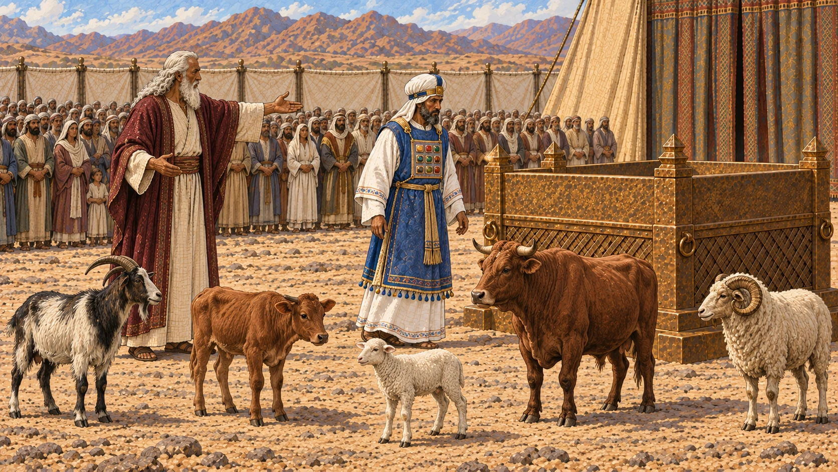 A broad congregation stands in ordered rows before the tent of meeting while the prepared living offerings wait calmly near the bronze altar. Moses addresses the people and directs Aaron to approach the altar; Aaron steps forward in full high-priestly garments. Anticipation and solemnity, no ritual action yet, blood, slaughter, supernatural glow, or visible divine figure.