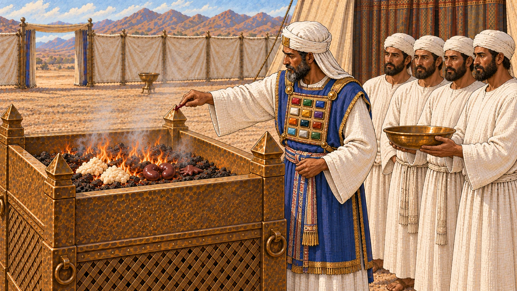 At the broad bronze lattice altar, Aaron in complete high-priestly garments touches one small restrained dark red mark to a corner projection while his adult priestly sons present a shallow bowl. Clean prepared pale fat, exactly two kidneys, and one liver appendage burn on the low altar fire. No living calf, slaughter, exposed carcass, pouring, splashing, gore, or extra kidneys.