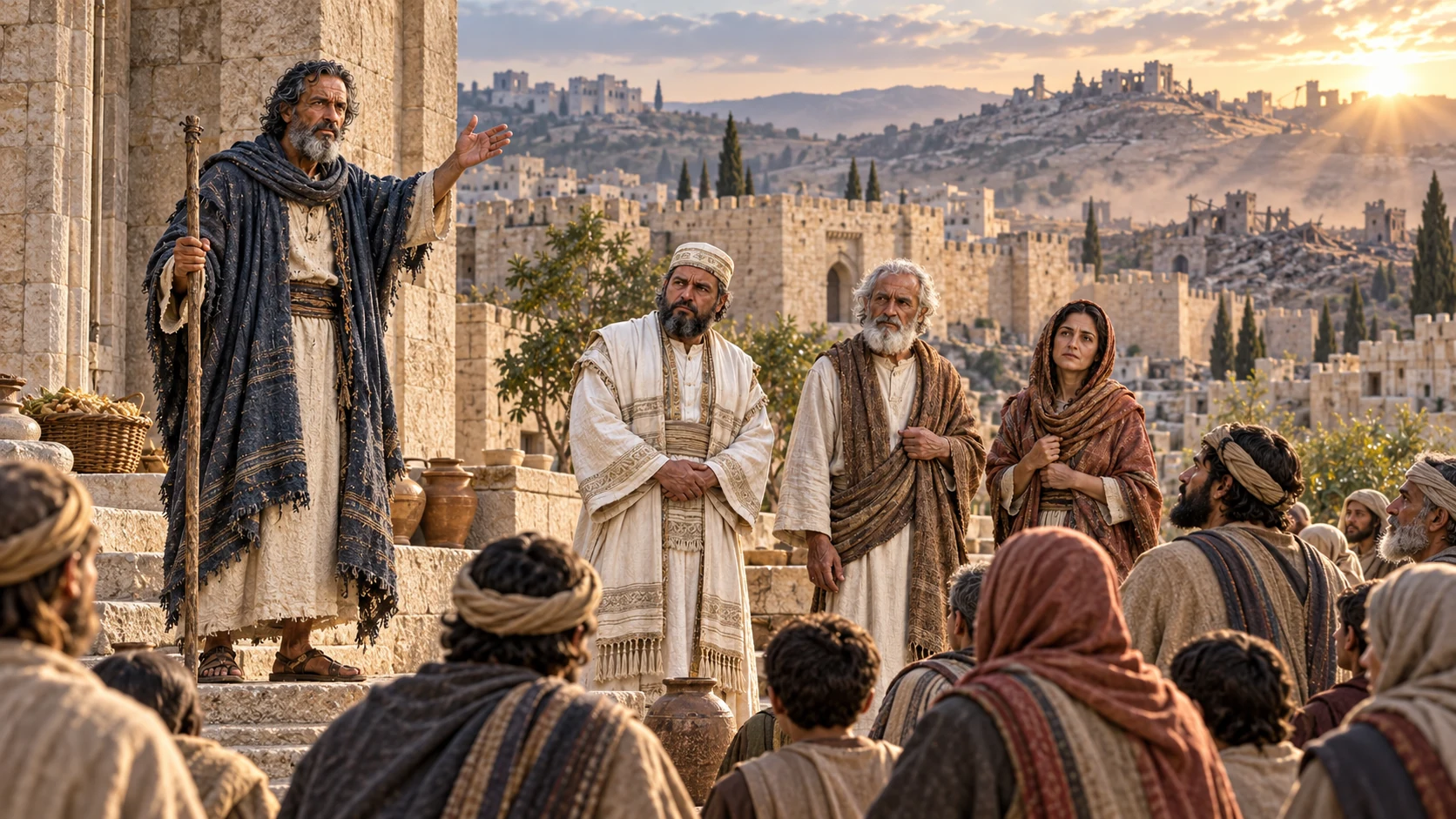 Malachi addresses the returned community at dawn with Judean hills beyond.