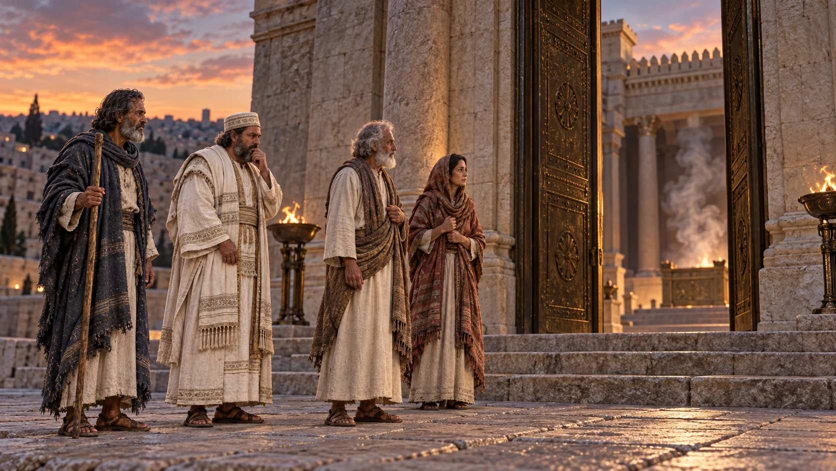 The priests hesitate before the temple doors at dusk as altar smoke fades.
