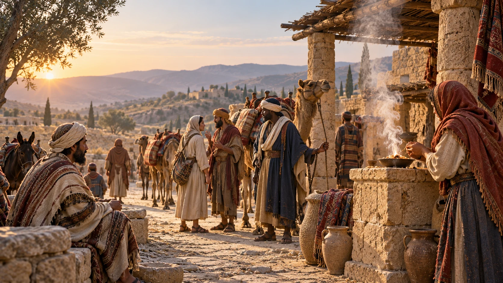 Travelers from several lands bring incense into an ancient city at sunrise.