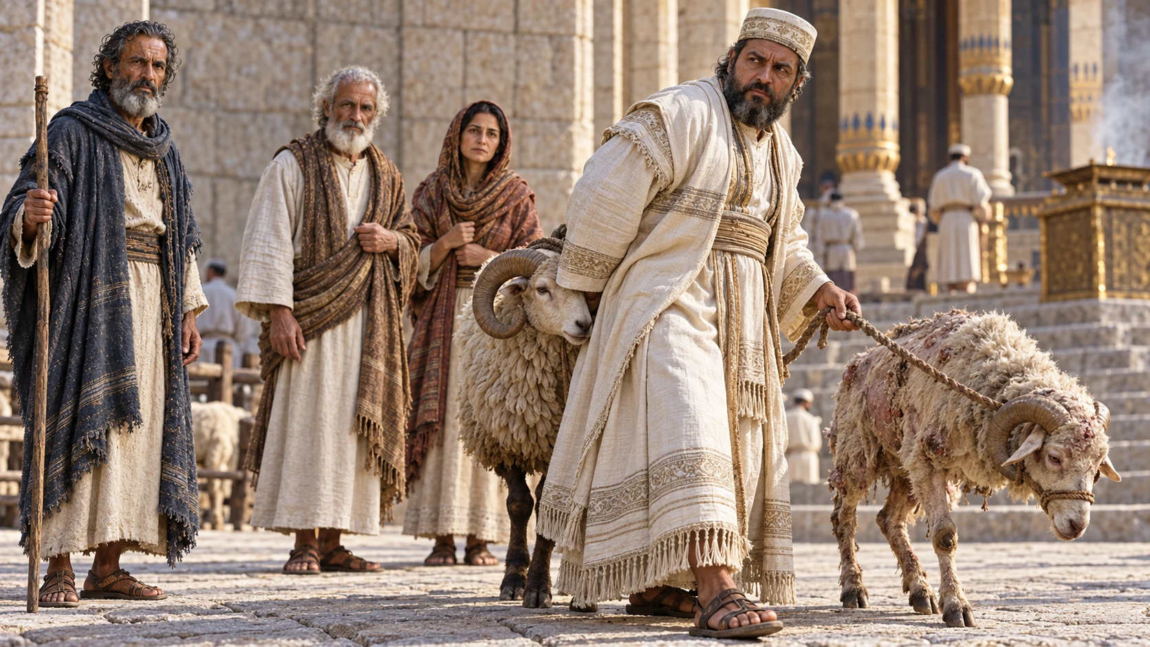 A flock owner leads a blemished animal toward the temple while Malachi observes.