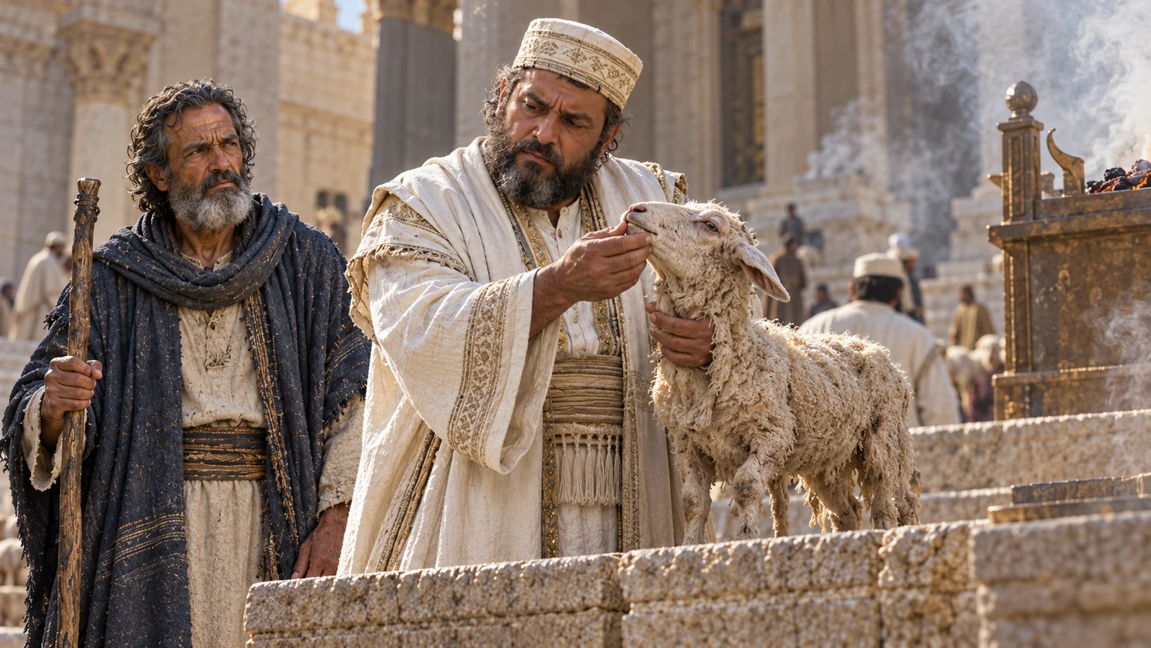 A priest examines a weakened lamb at the temple altar as Malachi watches.
