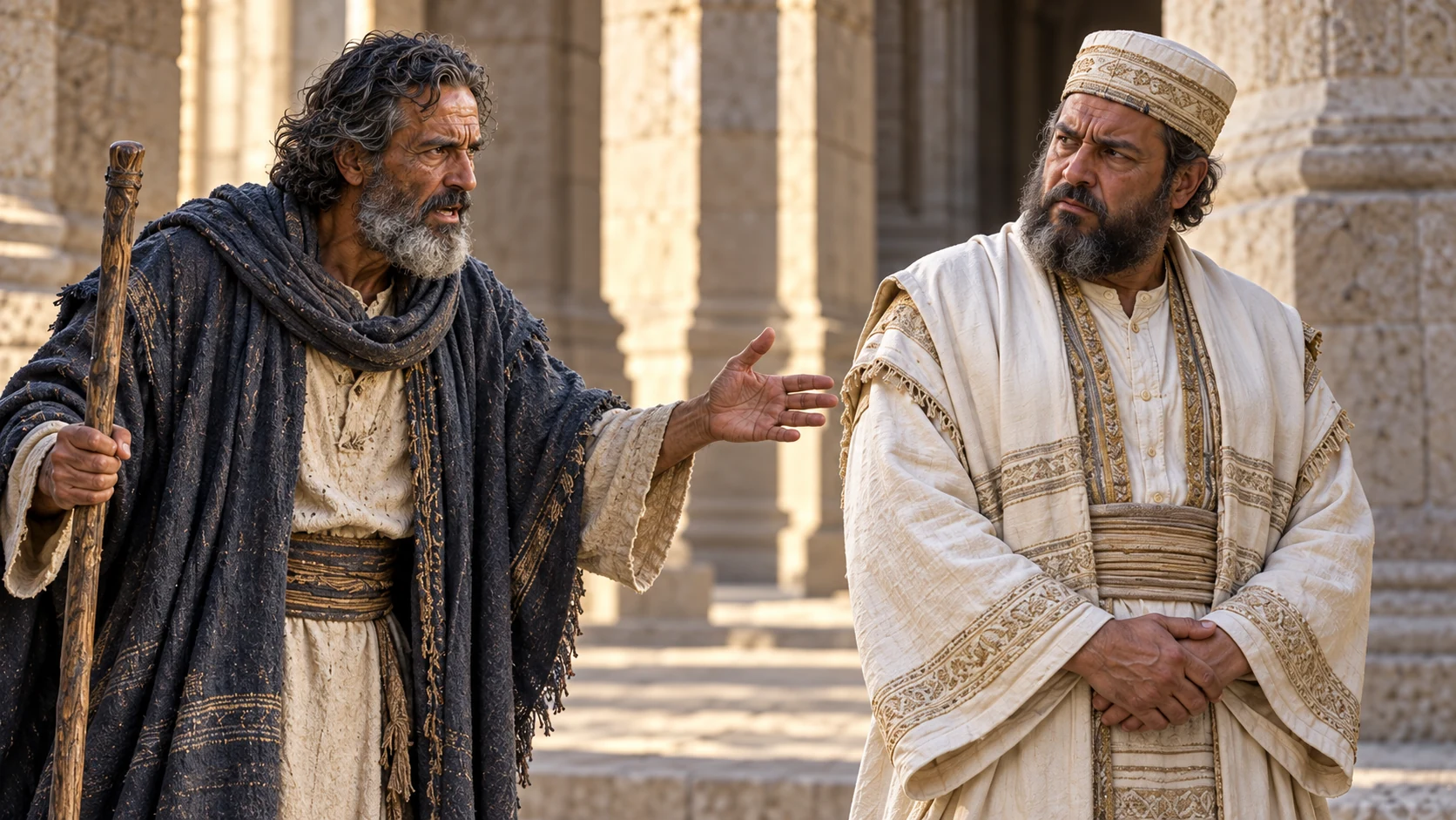 Malachi faces a resistant priest in the temple portico.