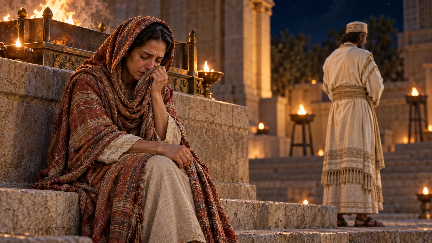 A grieving covenant wife sits near the altar while a man turns away.