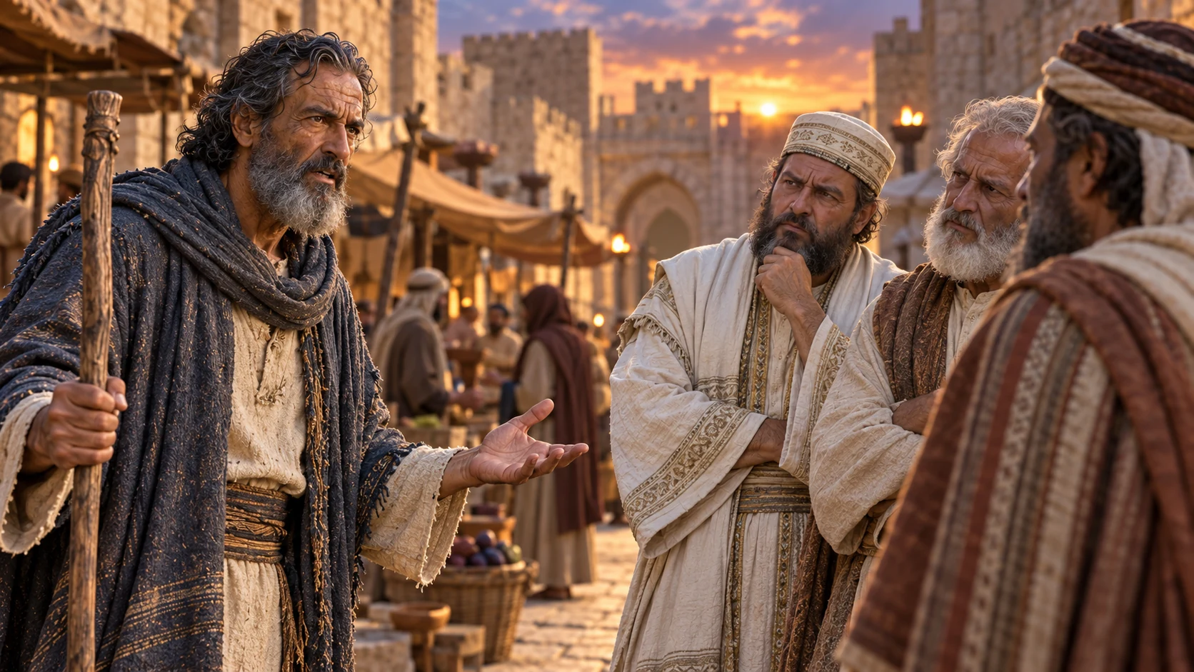 Malachi confronts skeptical Judeans in a Jerusalem street.
