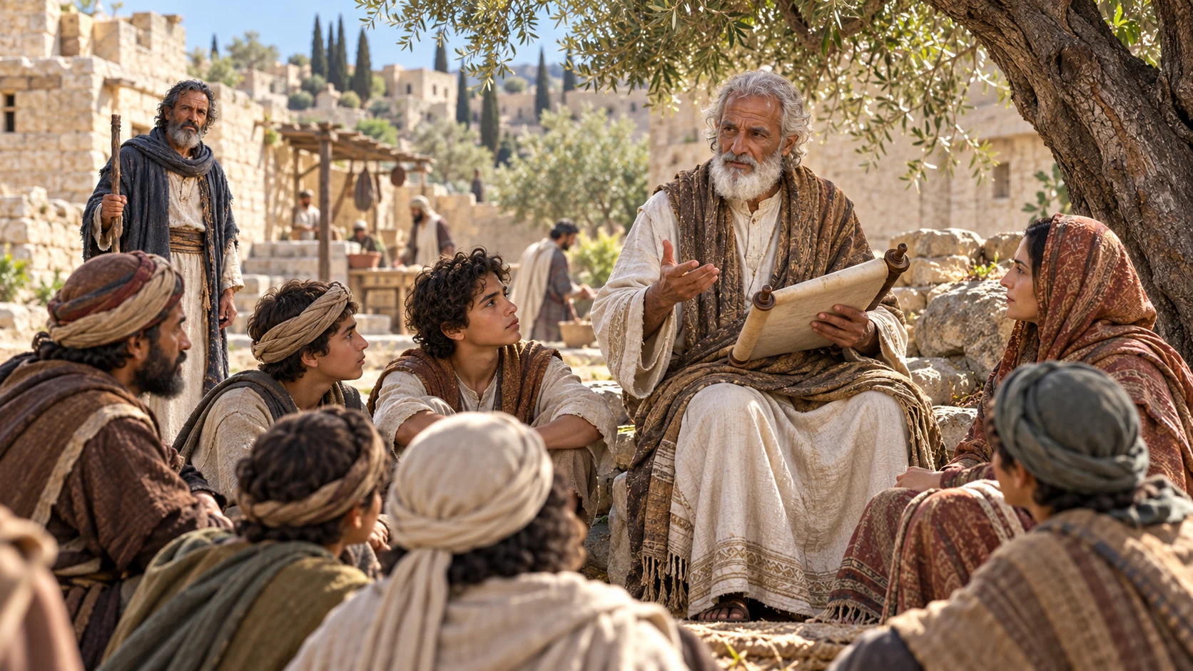 An older Levite teaches attentive listeners beneath an olive tree.