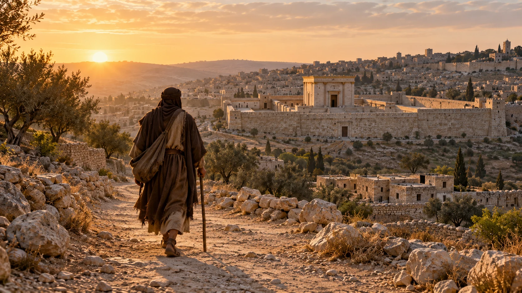 An anonymous herald approaches a modest early Second Temple at sunrise.