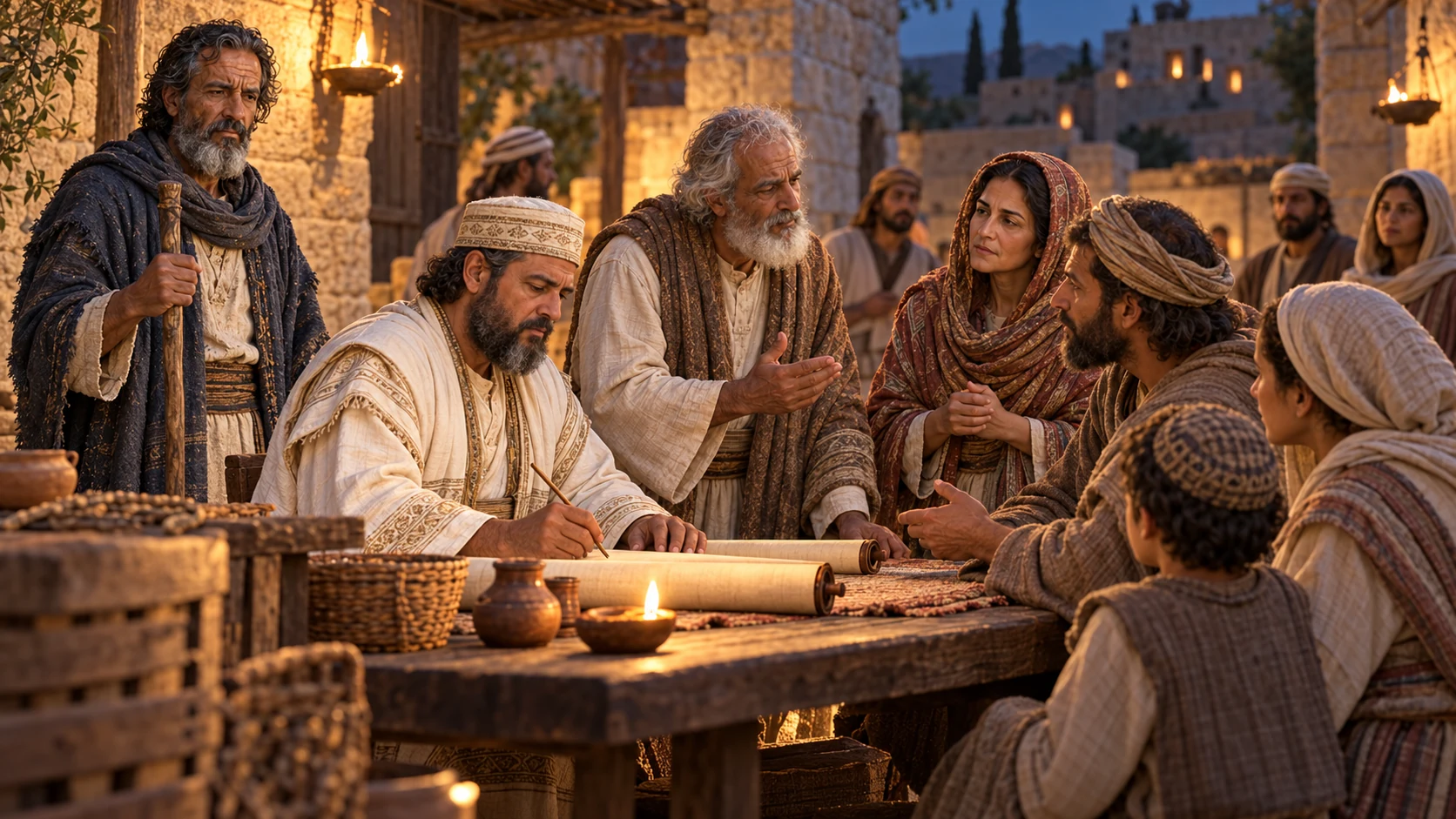 Families speak earnestly as a scribe records on a blank scroll.