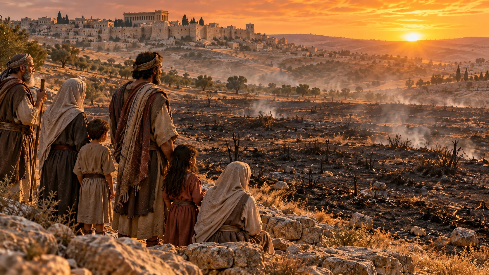 Families view a scorched stubble field from a safe ridge at sunrise.