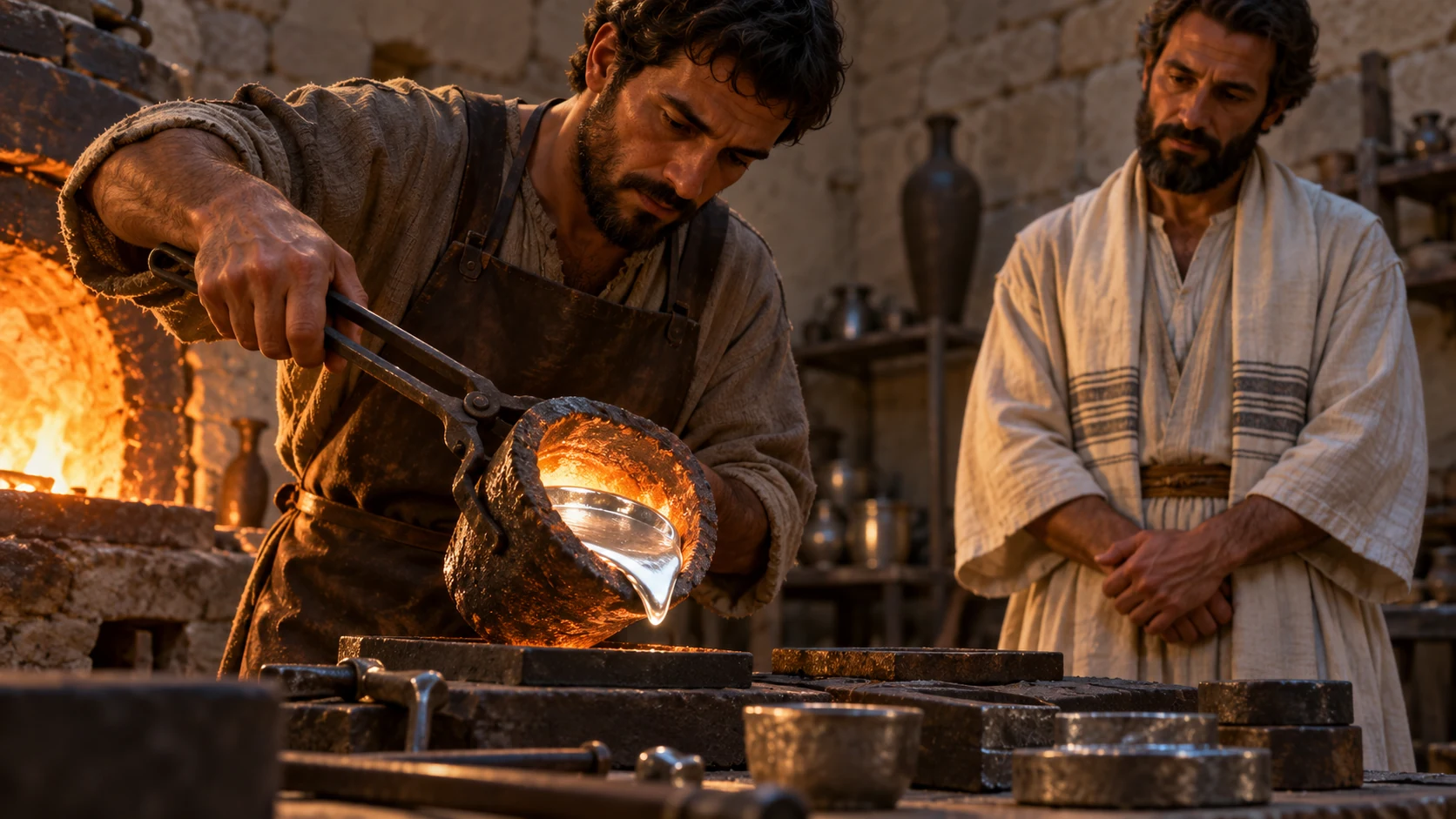 An anonymous silversmith refines silver while a Levite observes.