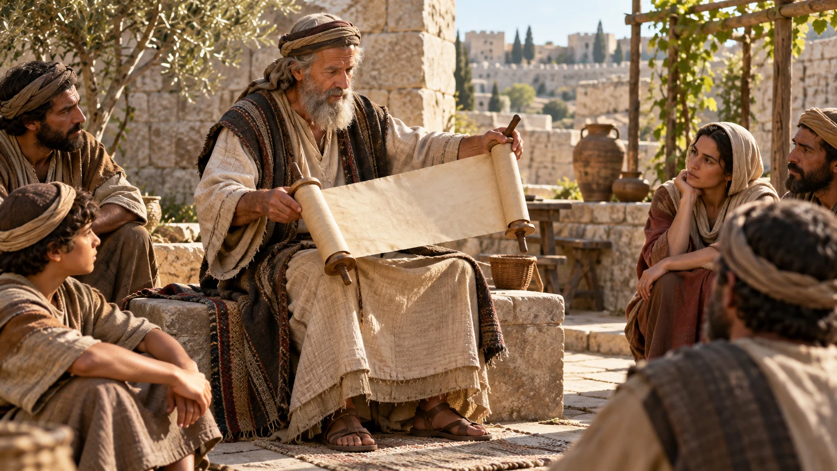 An older teacher unrolls a scroll before listening Judeans.