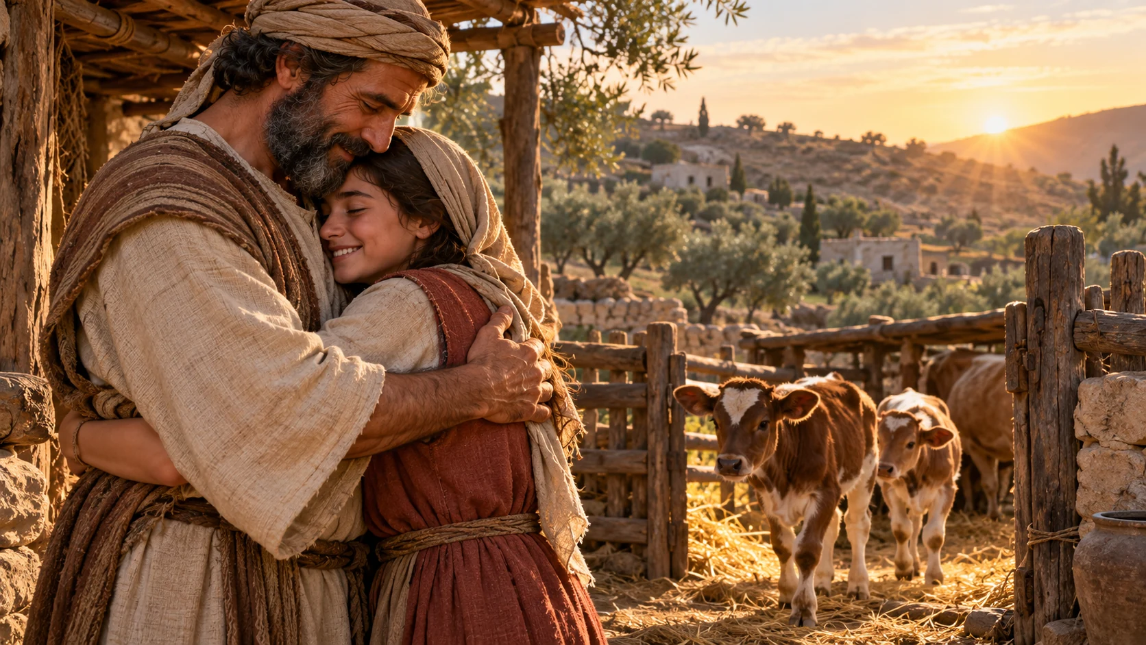 An anonymous father and daughter embrace beside a calf stall at dawn.