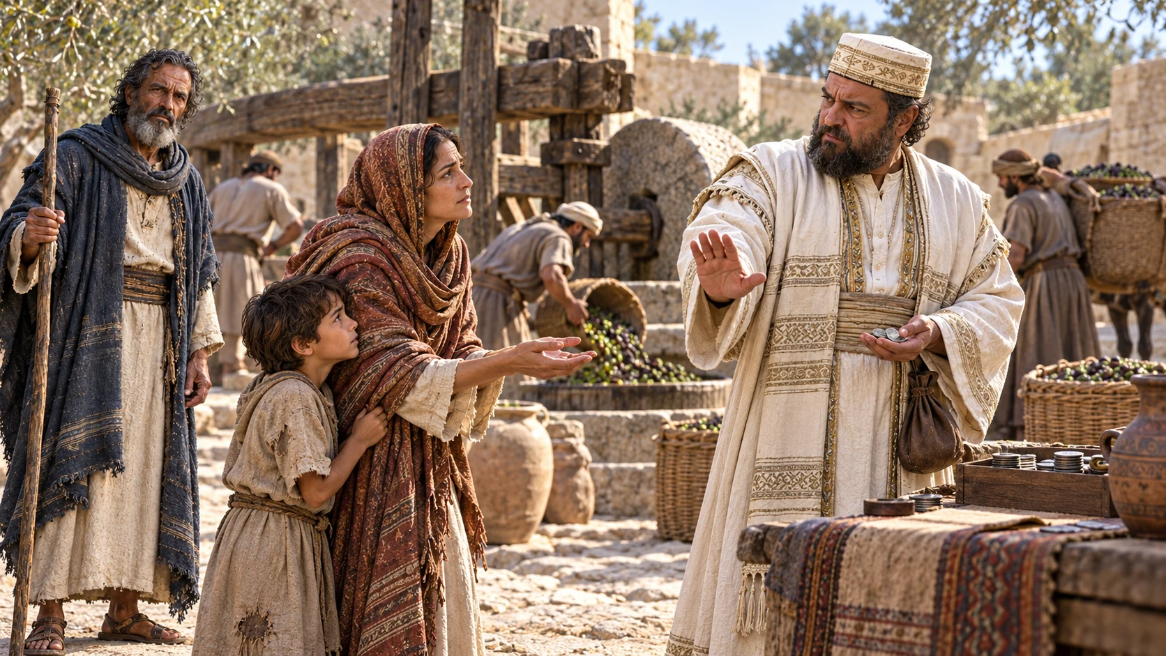 A widow and child seek fair payment at an olive press.