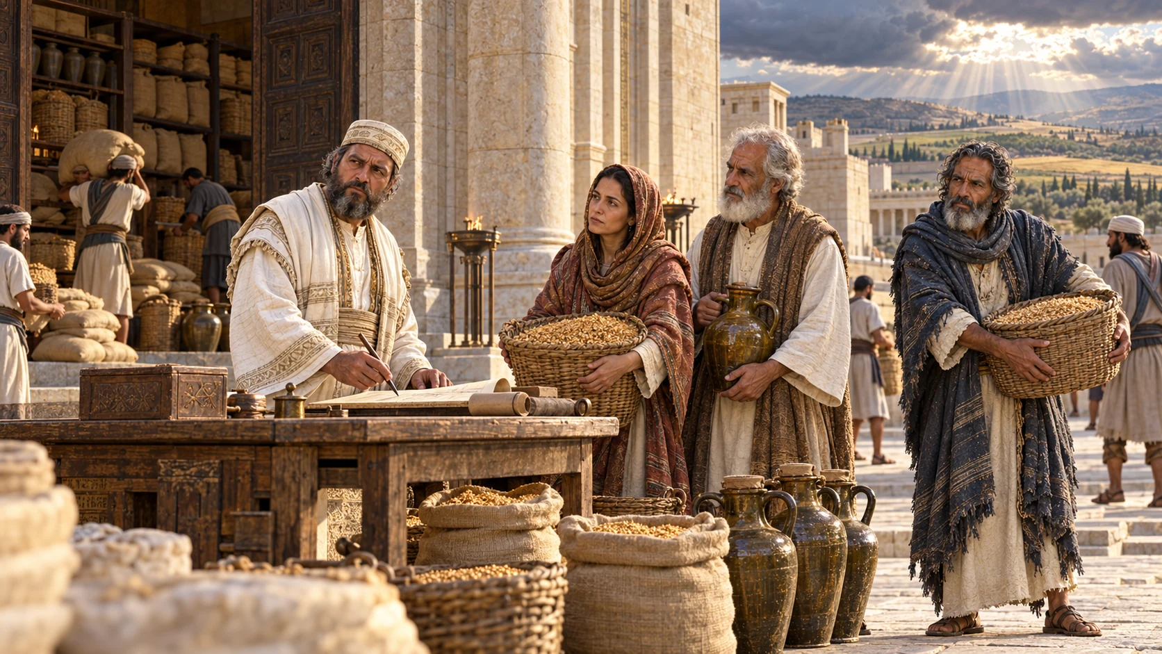 Judean households bring grain and oil into the temple storehouse.