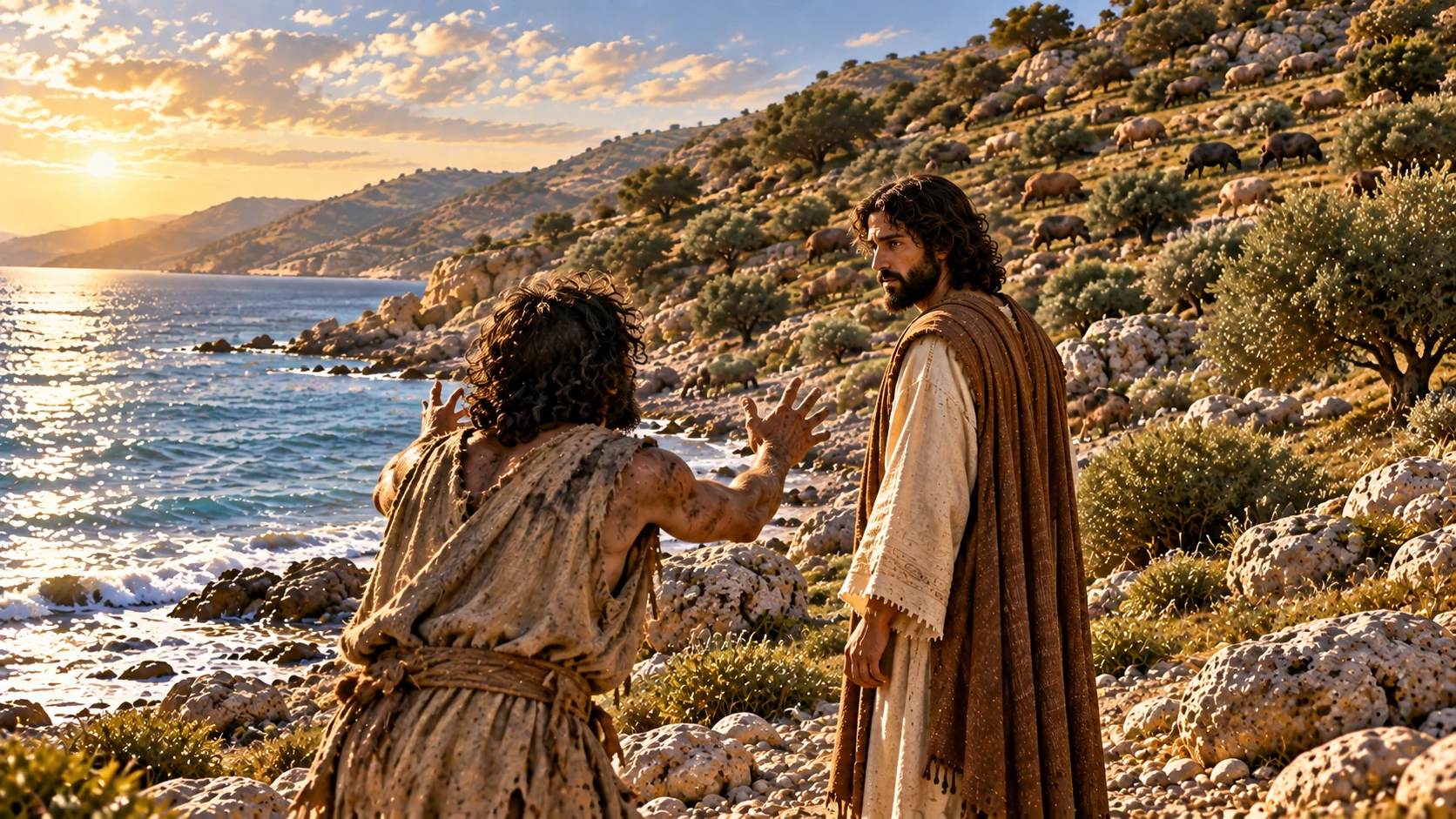 From behind the man, his request to Jesus is framed against the distant herd; the herd remains at rest until verse 13.