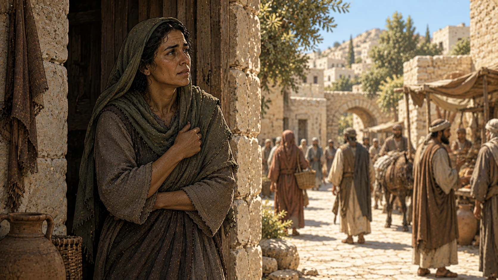 Introduce the woman alone at the edge of the street, physically weary yet dignified; no graphic blood.