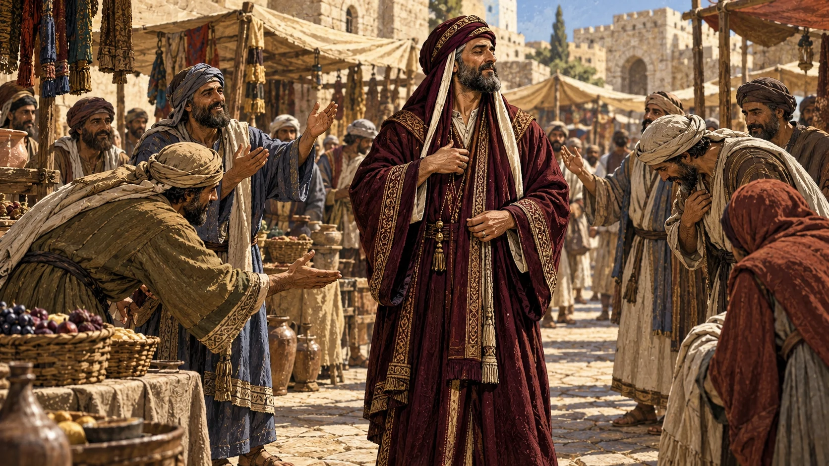 In a marketplace, a leader welcomes prominent greetings and the title Rabbi, in Jesus’s illustrative critique.