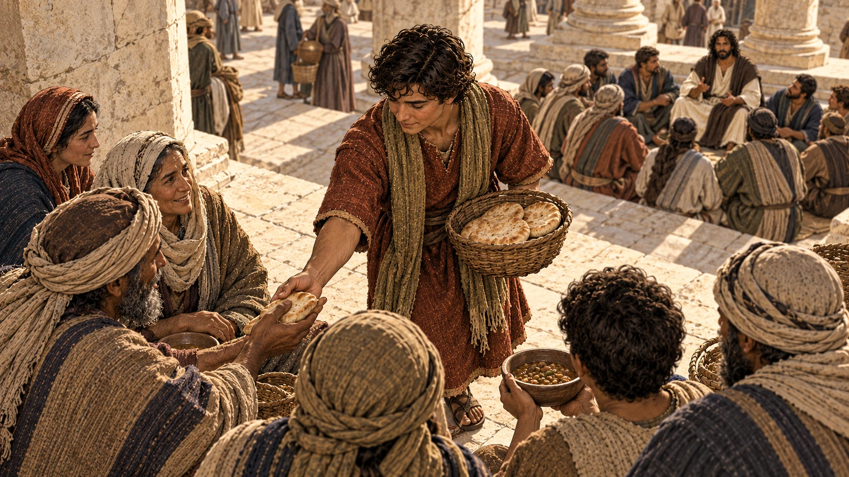 A disciple quietly serves food to others while Jesus teaches that the greatest will serve.