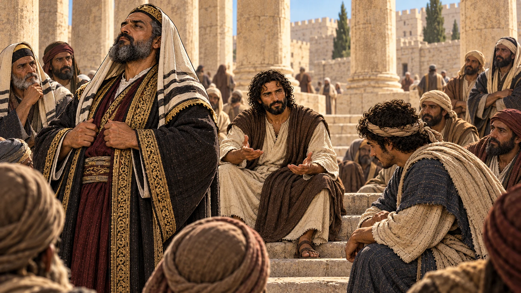 Jesus contrasts the proud and humble among his listeners through their posture and reactions, without visualizing an unseen judgment mechanism.