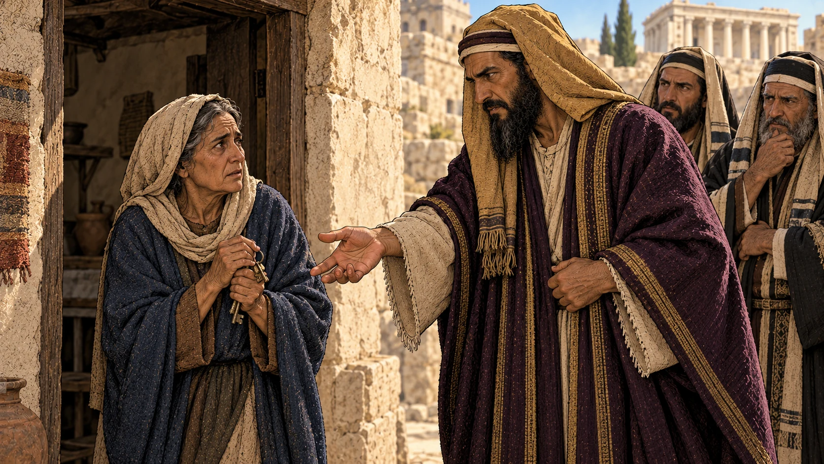 A widow stands by her modest home as a predatory leader seeks its property, depicted as Jesus’s warning rather than a named historical event.