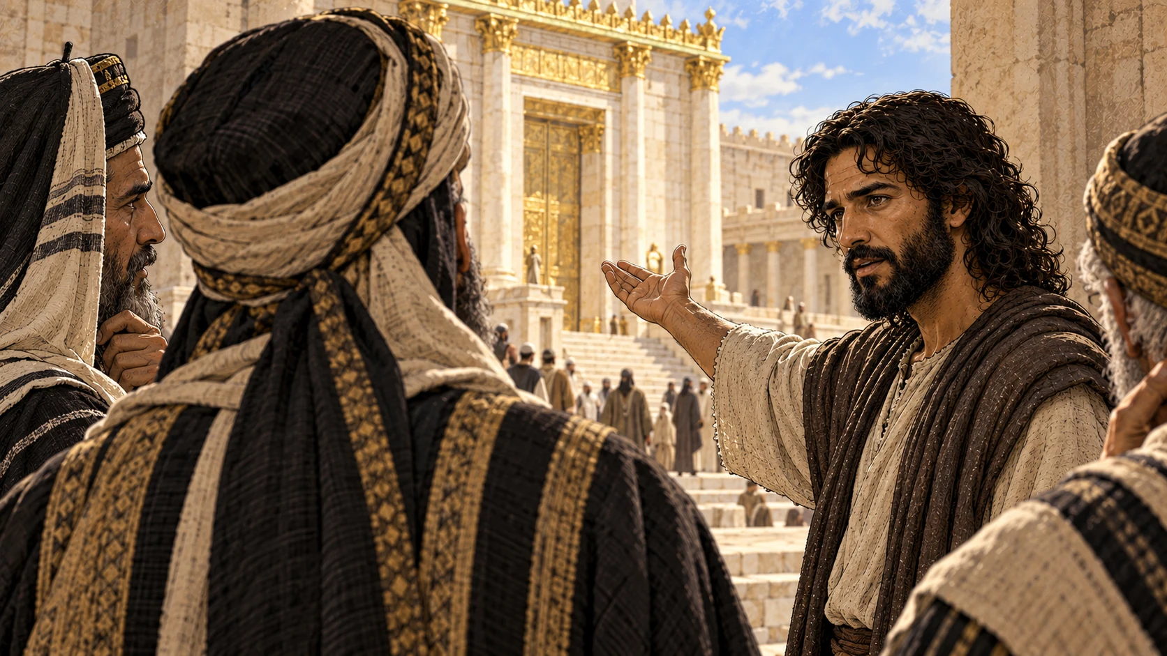 Jesus gestures from temple gold toward the larger sanctuary as he asks which is greater.