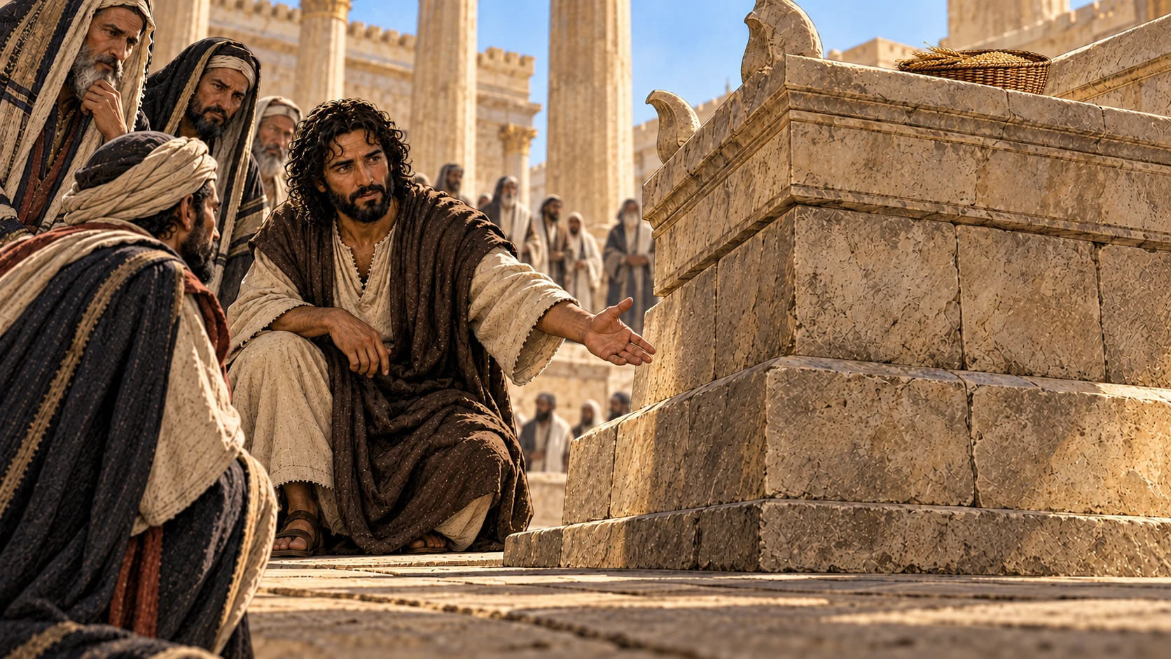 Jesus points to the altar beneath a gift as he asks which sanctifies which.