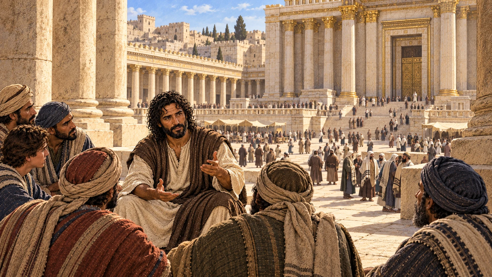 Jesus points toward the temple while explaining an oath by it.