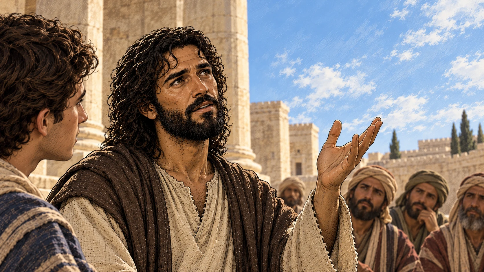 Jesus raises his gaze to the sky while explaining the oath by heaven.