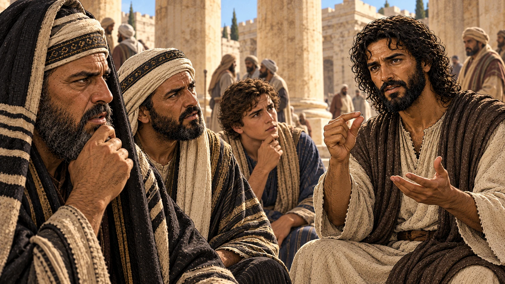 Jesus uses the vivid gnat-and-camel comparison verbally while listeners react.
