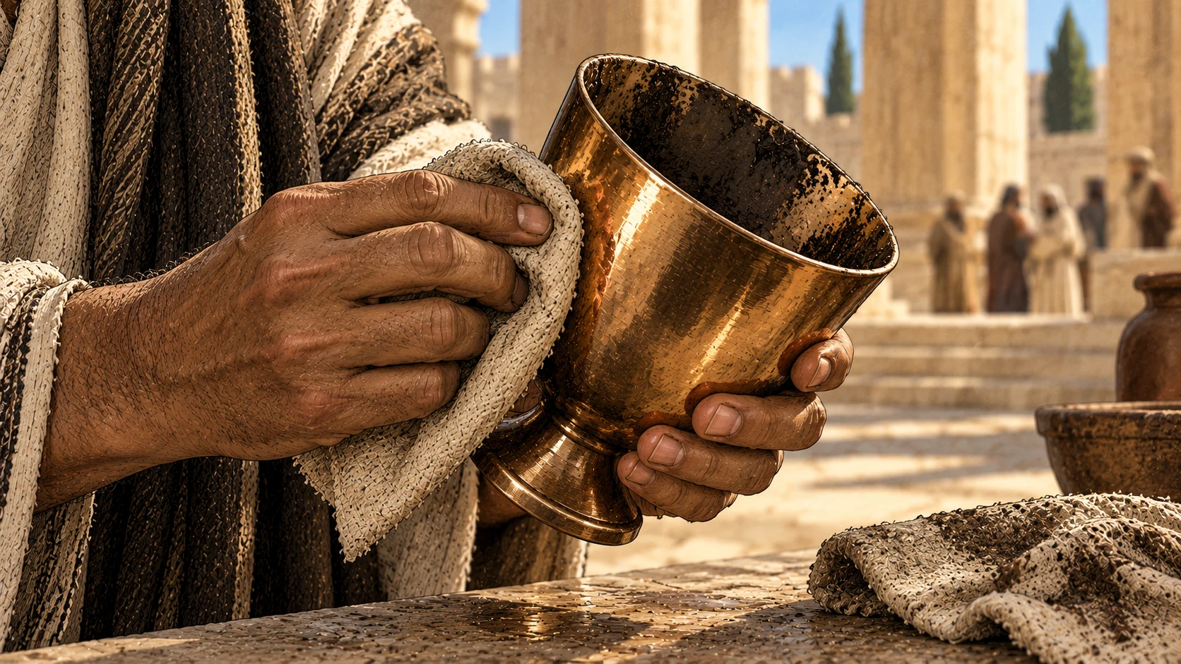 A leader polishes the outside of a cup while its inner surface remains dirty, a visual metaphor in Jesus’s teaching.