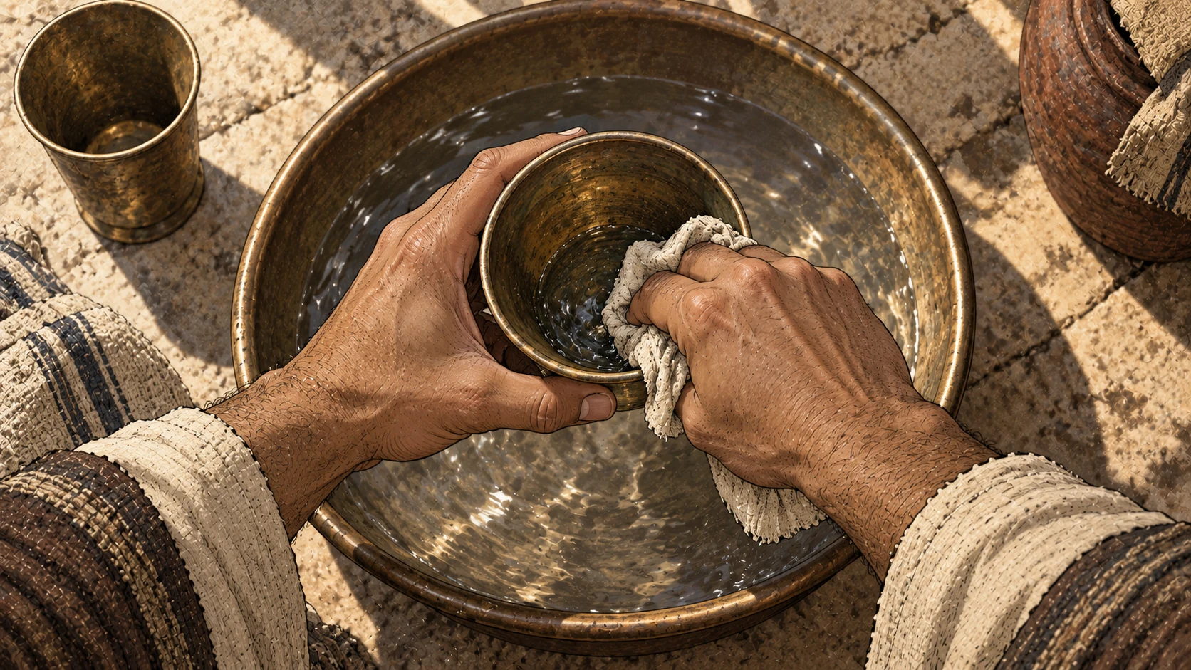 A leader washes the inside of a cup as Jesus urges inward cleansing, without asserting that this leader has repented.