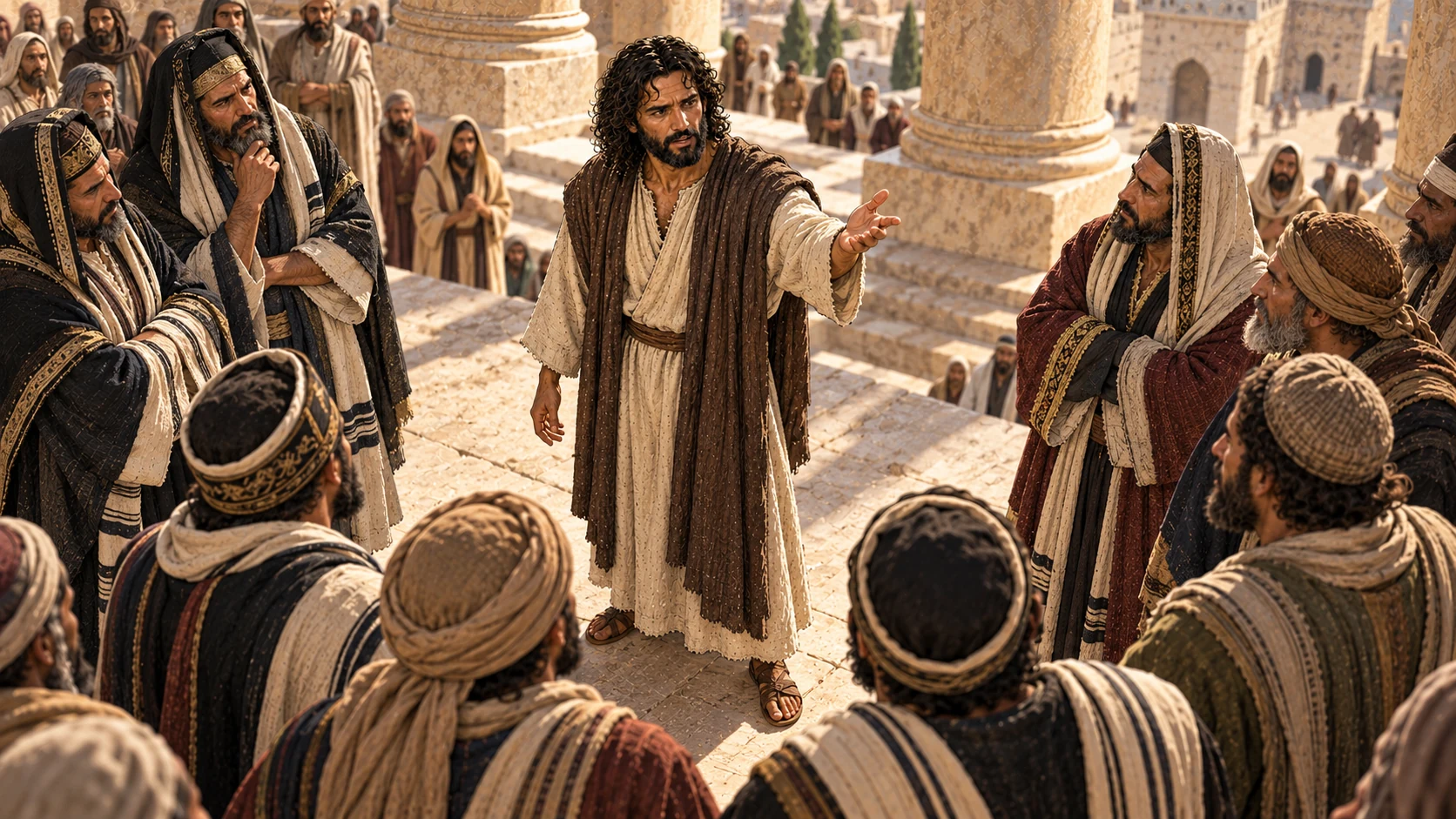 Jesus continues his sharp warning as the leaders listen uneasily, keeping the present teaching setting.