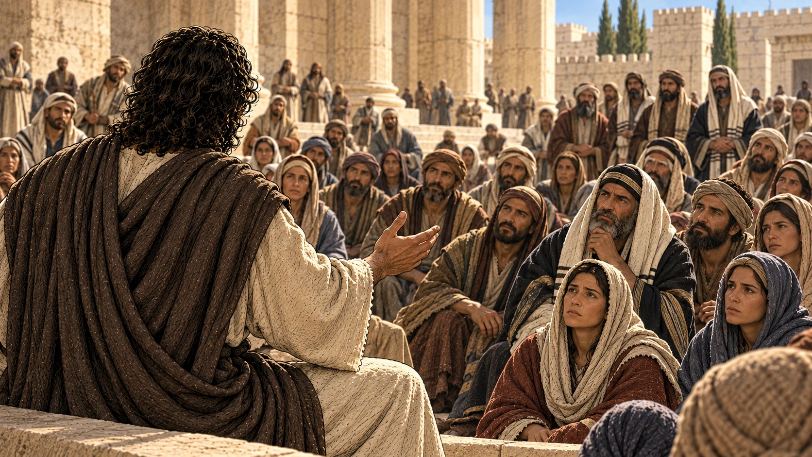 Jesus tells the crowd that the warning concerns this generation, in the same temple teaching setting.
