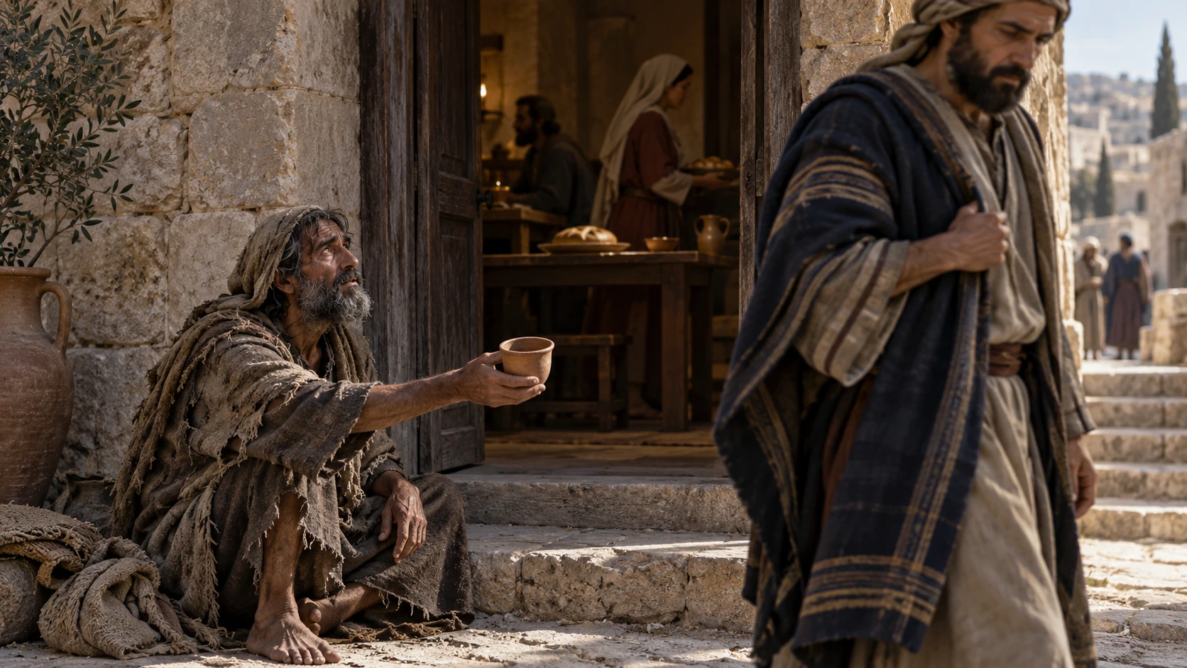A traveler holds out an empty cup while a passerby looks away from him.
