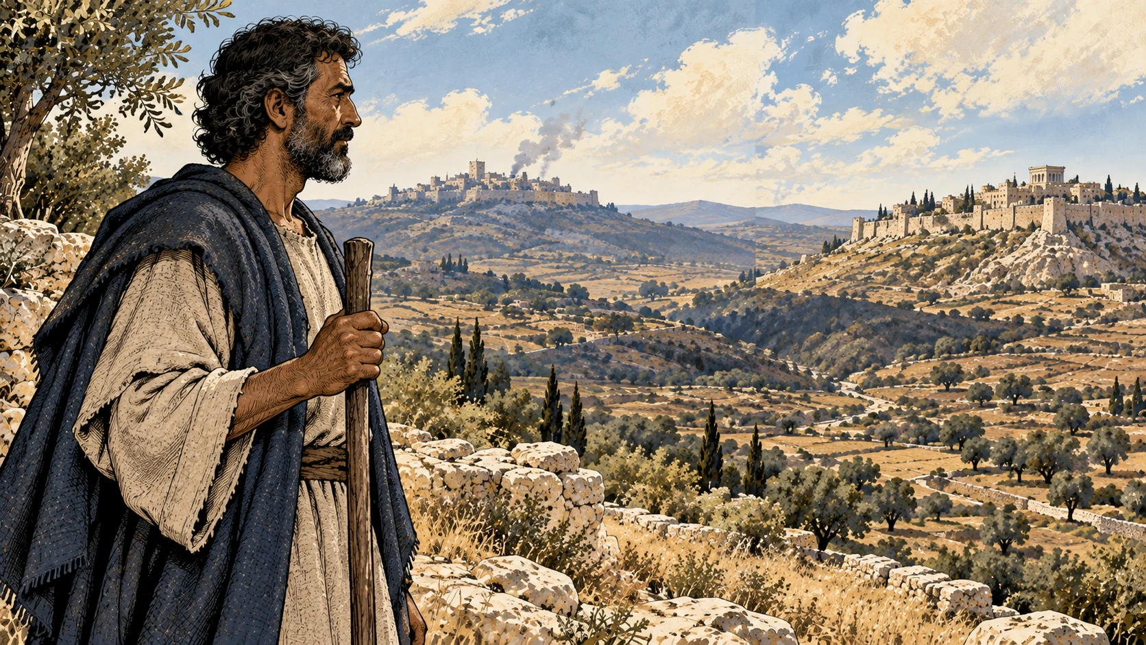 Micah in profile looks across a landscape with two distant city silhouettes.