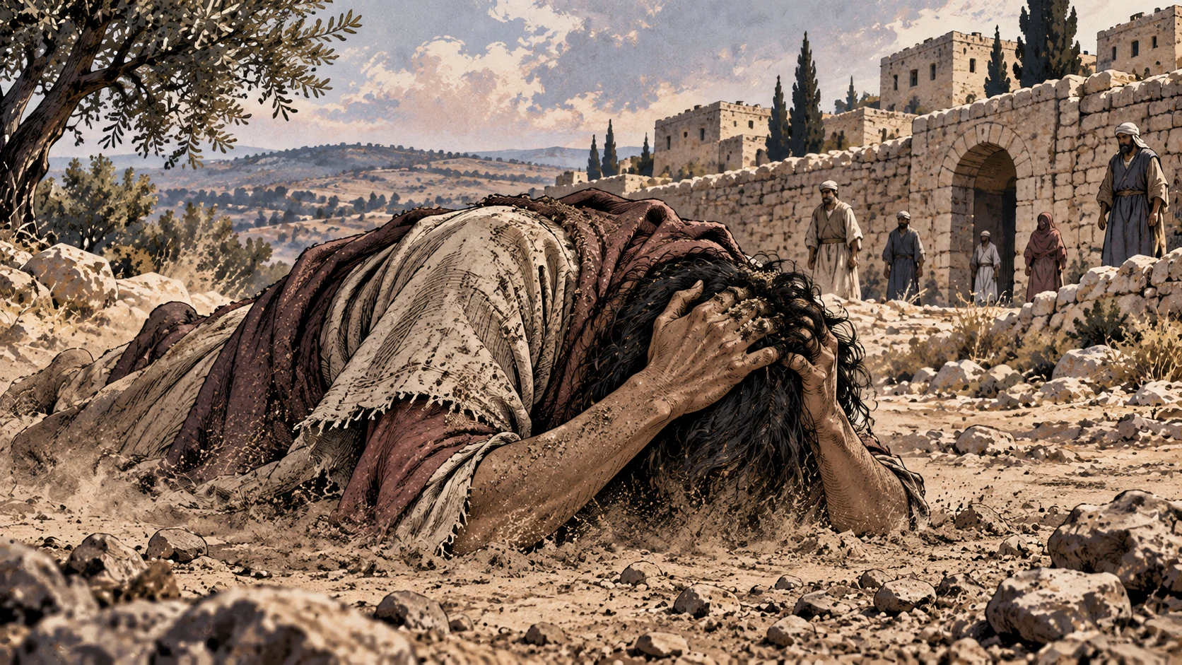 A grieving adult bends into the dust outside a stone settlement.