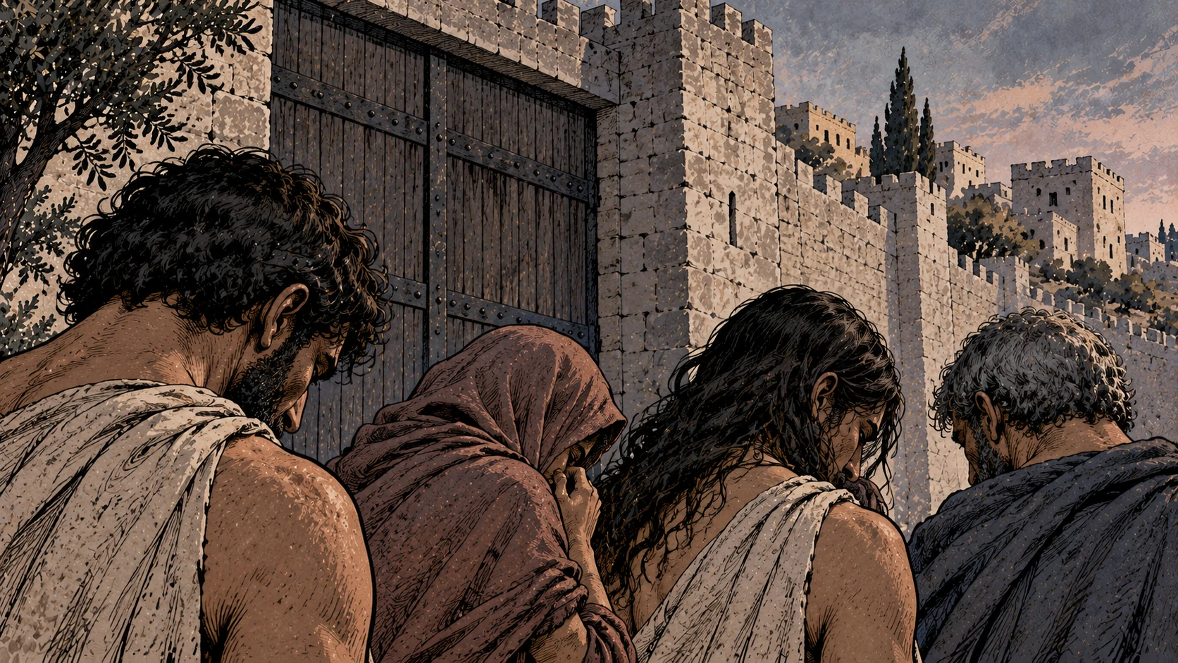 Adult travelers with exposed shoulders lower their heads beside a closed settlement gate.