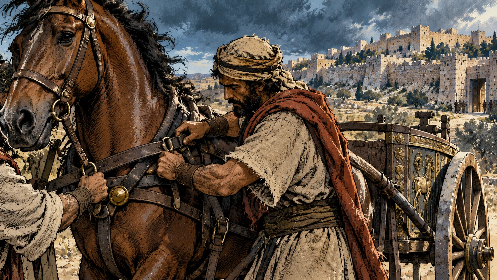 Hands fasten a horse's leather harness beside a chariot.