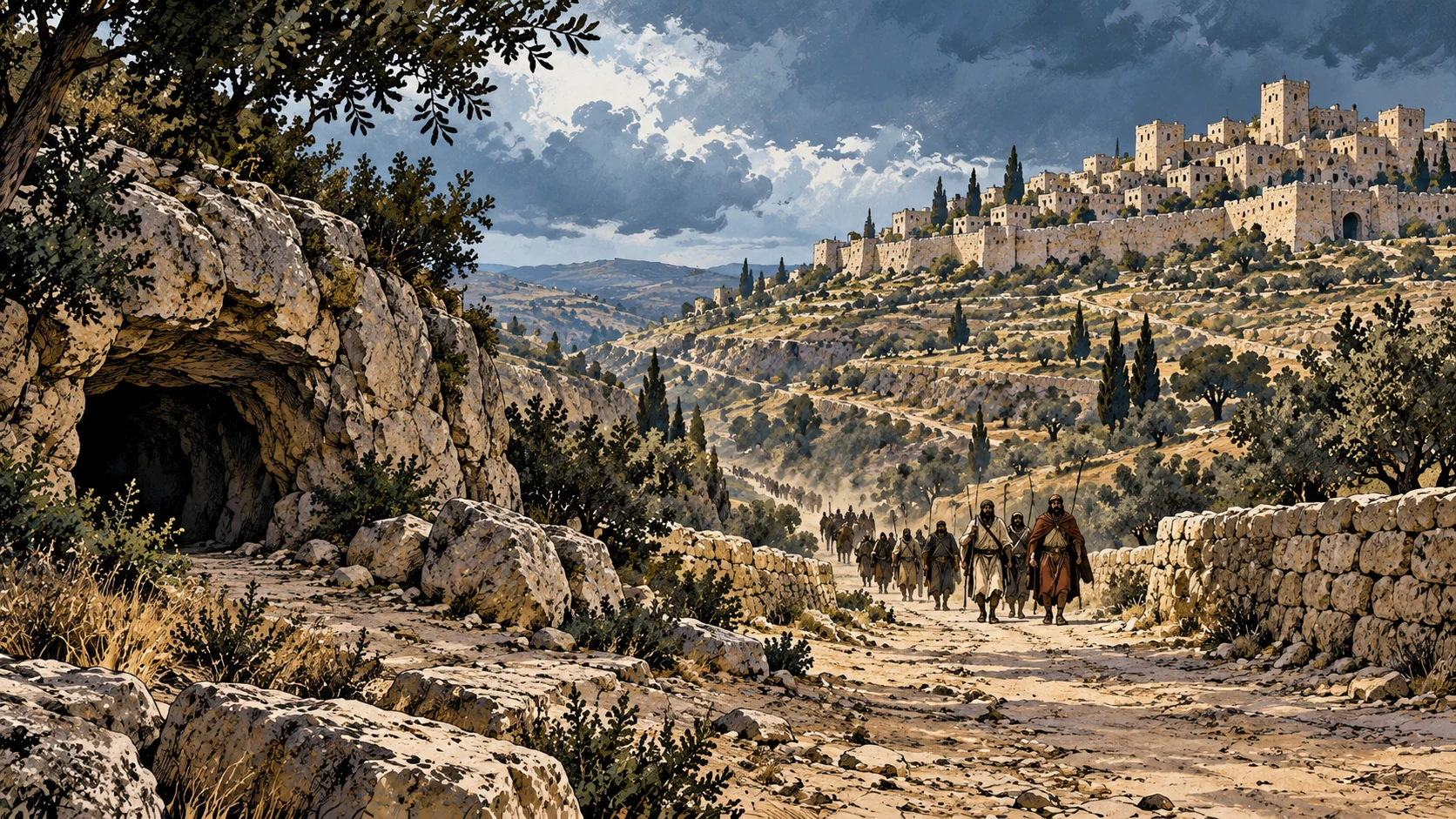 Approaching figures follow a road beside a cave and hillside town.