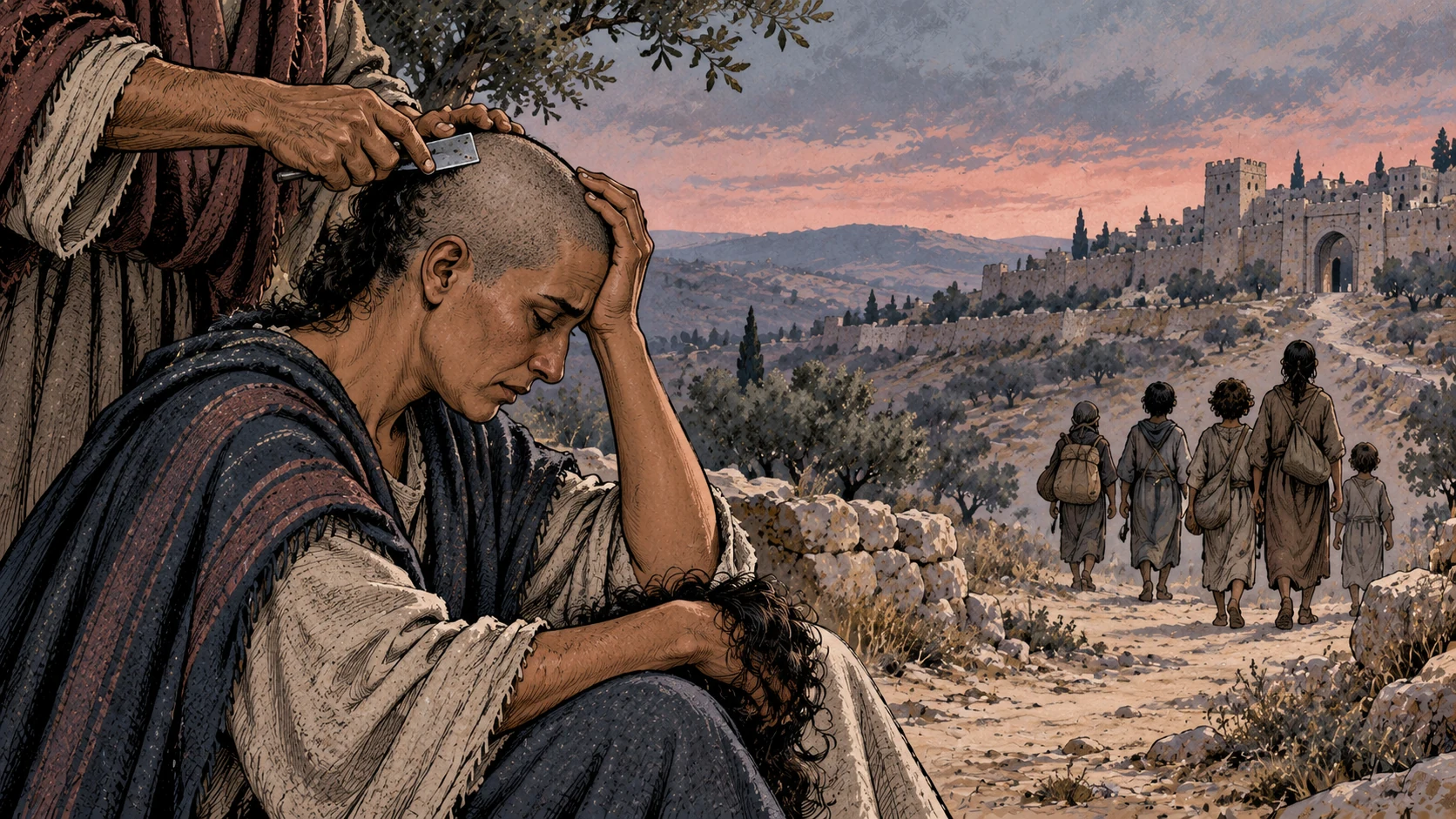 A grieving parent has her scalp shaved as children recede along an exile road.