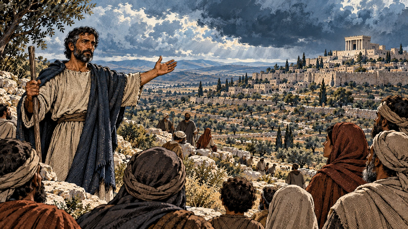 Micah addresses gathered listeners with a distant temple and city below storm clouds.