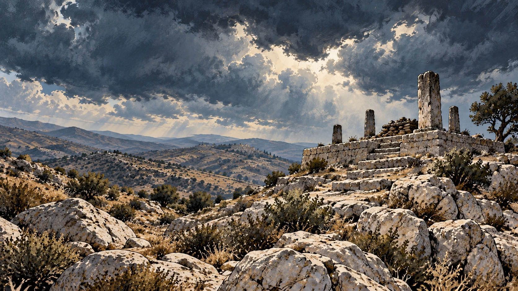 An exposed high-place platform stands on a rocky ridge beneath storm clouds.