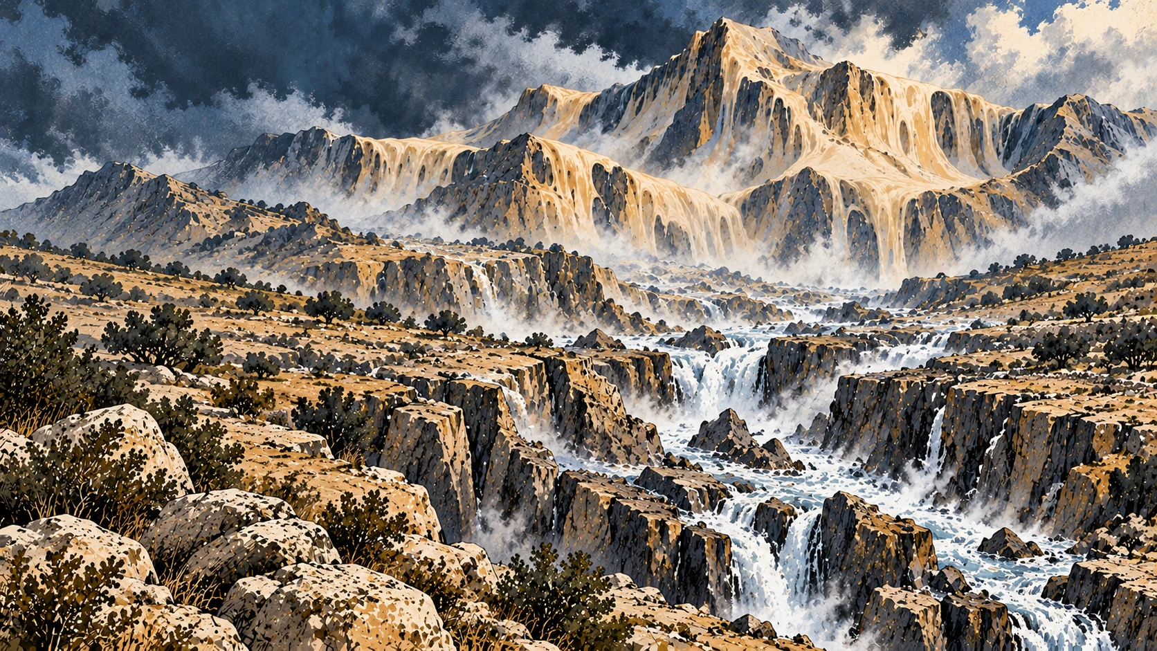 Mountain slopes soften like wax above a fractured valley carrying rushing water.